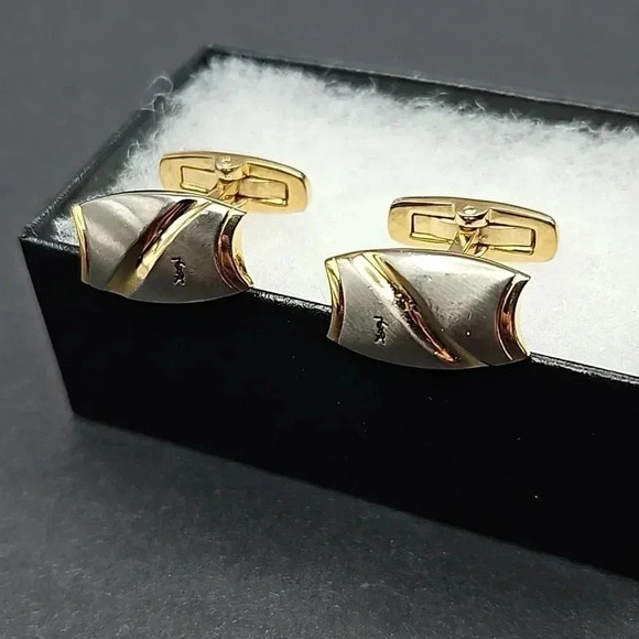 Yves Saint Laurent Gold and Silver Tone Cufflinks and Tie Bar set - Picture 3 of 5
